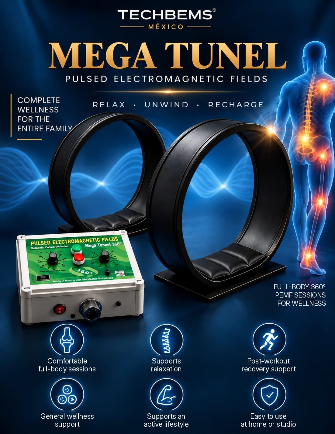 TECHBEMS Mega Tunnel 360° overview graphic: relaxation, general wellness and recovery support
