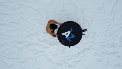 Overhead view of AZ-Inflate barrel tub in snow