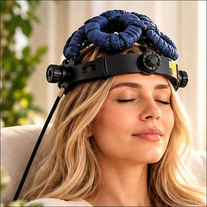 Woman relaxing with eyes closed while wearing the QuantumMind TMS Helmet