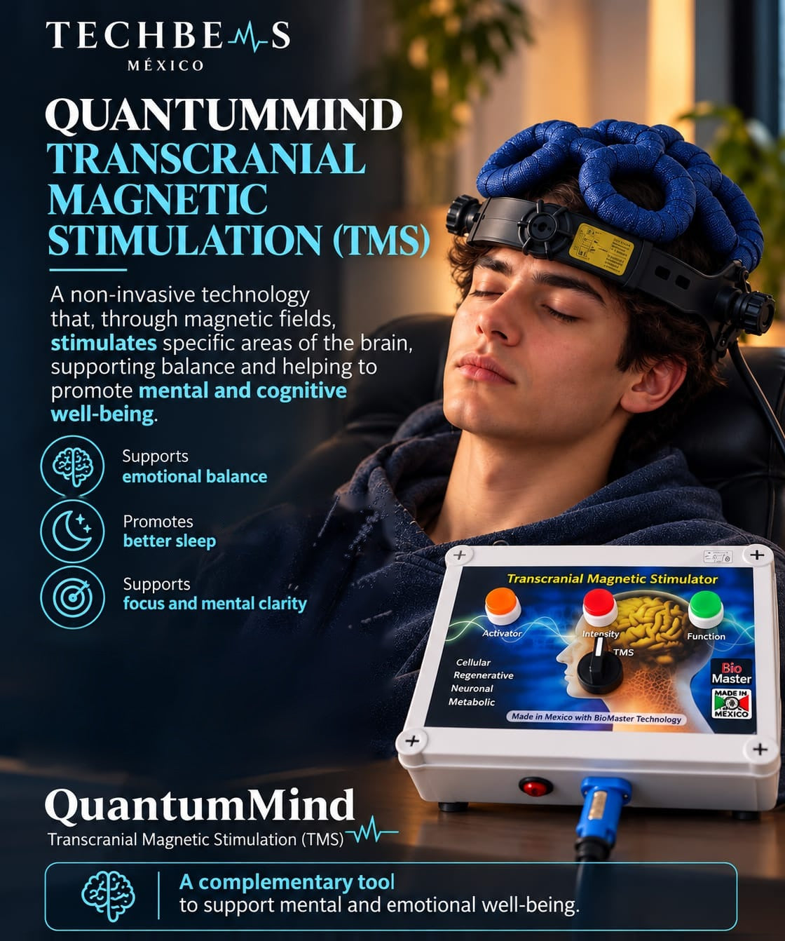 QuantumMind TMS Helmet overview graphic by TECHBEMS México: supports emotional balance, better sleep, focus and mental clarity