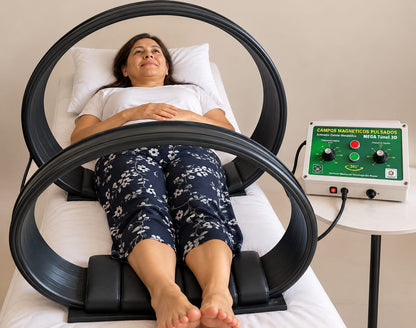 Woman relaxing during a full-body TECHBEMS Mega Tunnel 360° PEMF wellness session