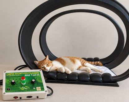 Cat resting on the TECHBEMS Mega Tunnel 360° PEMF System module
