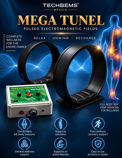 TECHBEMS Mega Tunnel 360° overview graphic: relaxation, general wellness and recovery support