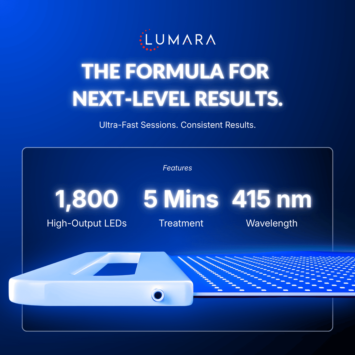 Illuminate Blue V1 panel specs: 1,800 LEDs, 5-minute sessions, 415nm wavelength