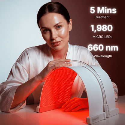 Woman with the Illuminate Red V2 panel: 1,980 micro-LEDs at 660nm, 5-minute sessions