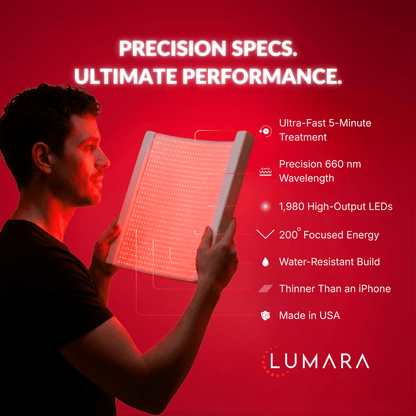 Man holding the Illuminate Red V2 panel with spec highlights