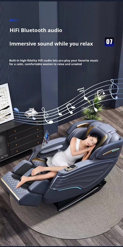 Woman relaxing in the MedEq Recovery C79 with HiFi Bluetooth audio