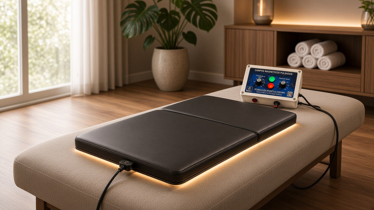 TECHBEMS DuoMagnet Mat two-panel PEMF mat with BioMaster control console on a bench