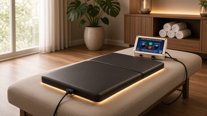 TECHBEMS DuoMagnet Mat two-panel PEMF mat with BioMaster control console on a bench