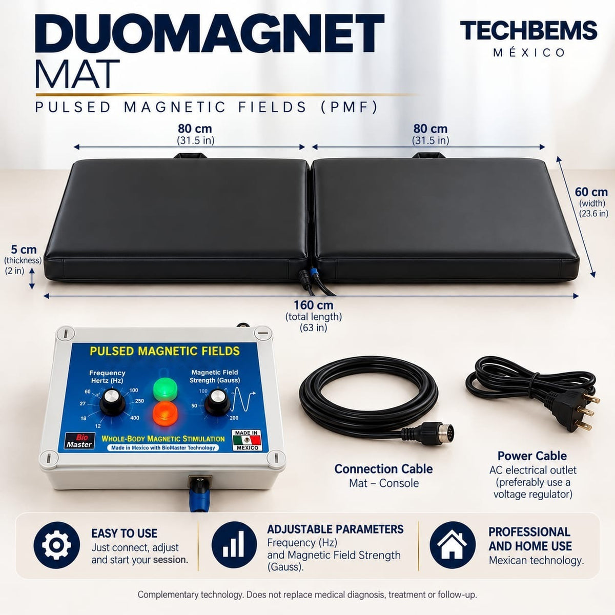 TECHBEMS DuoMagnet Mat dimensions and included components: mat, console, connection cable and power cable