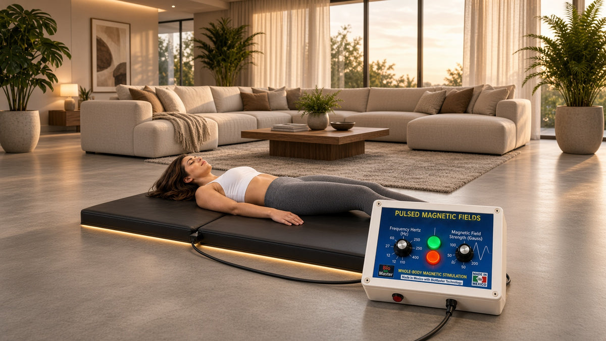 Woman relaxing on the TECHBEMS DuoMagnet Mat in a living room with the BioMaster console in front